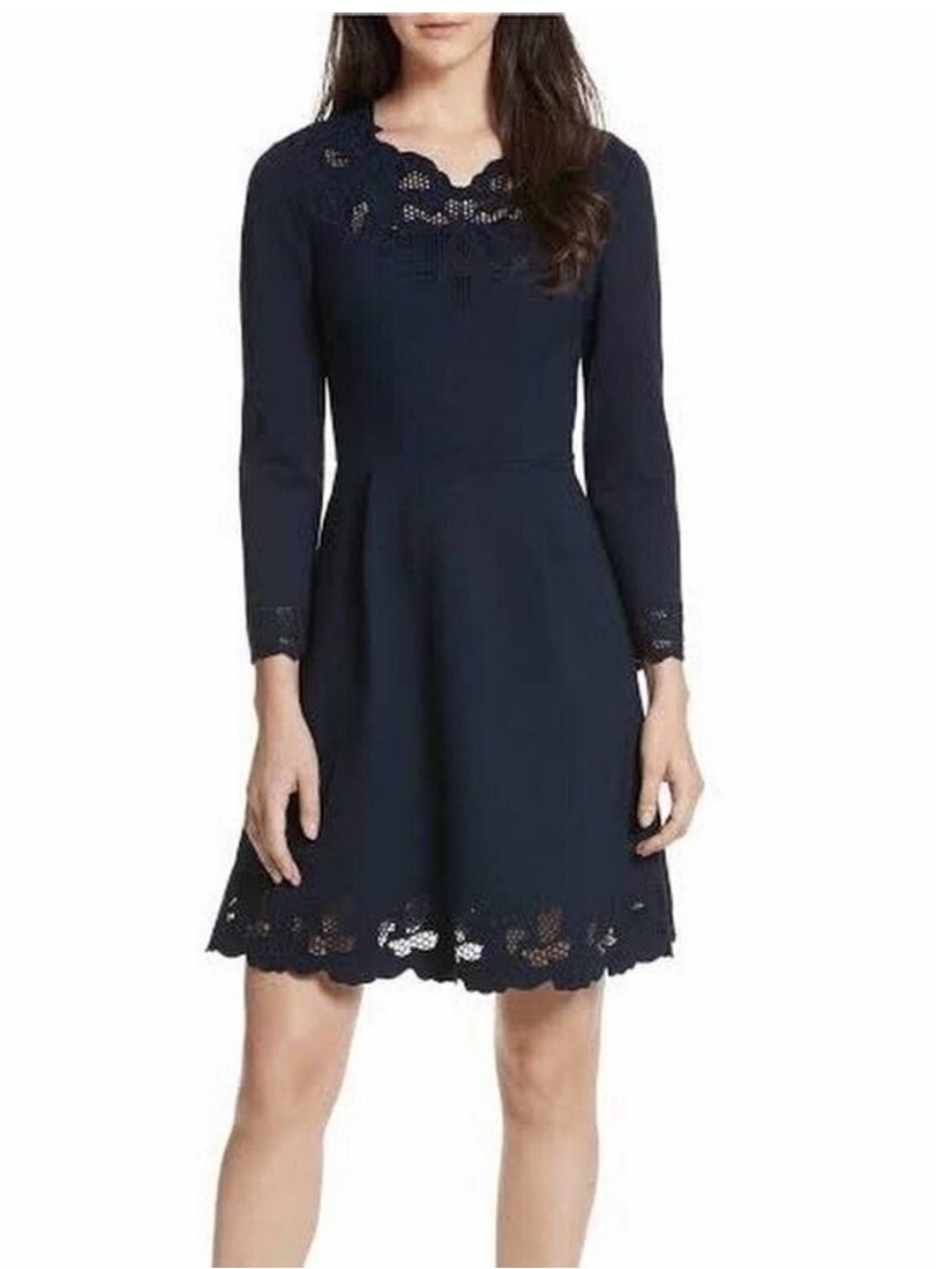 Ted Baker Navy Lace-Trim Long-Sleeve Fit & Flare Dress